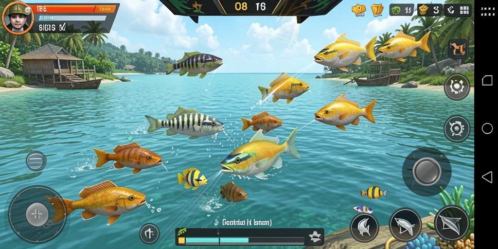 Screenshot utama FO8 menampilkan aksi menembak ikan yang seru dan menarik.