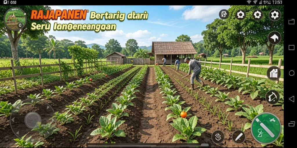 Screenshot gameplay RAJAPANEN menampilkan aktivitas berkebun yang menyenangkan.