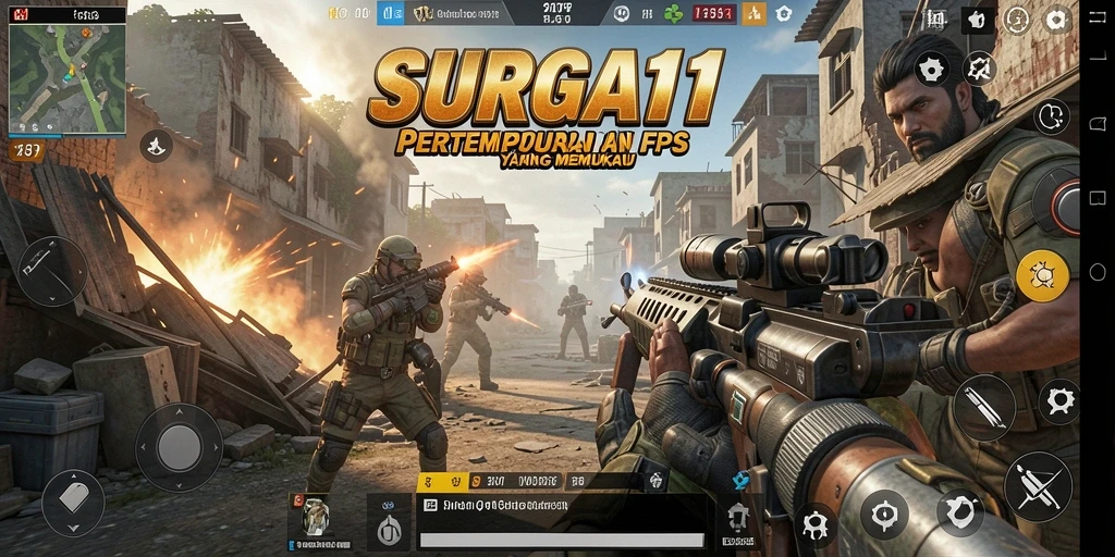 Tampilan gameplay mendebarkan dalam pertarungan FPS SURGA11.